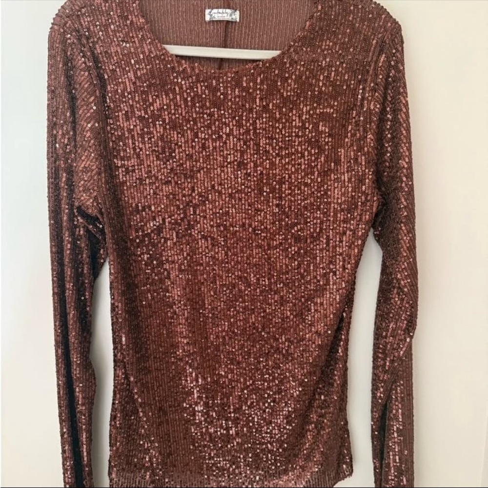 Free People Sequin Long-Sleeve Scoop Neck Top - Copper